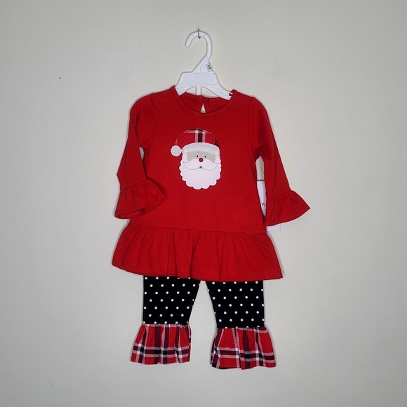 NWT Planet Cotton Baby Girl Sz 9 M 2 Pc Santa Pant Set Christmas Plaid Polka Dot - Picture 1 of 8